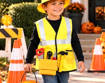 Kids Construction Worker Costume, Yellow Vest, Hat, Tool Belt, Toy Tools (3-8 Years)