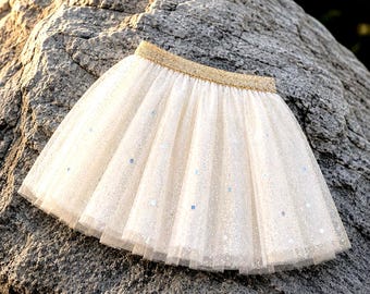 White Sparkle Tulle Tutu Skirt, Glitter Fairy Angel Princess Skirt (Gold Waistband)
