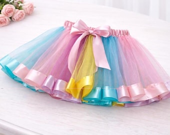 Gonna tutù in tulle pastello: nastro rosa, blu e giallo, costume da ballo per bambine
