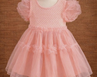 Abito rosa in tulle con volant - Abito da festa per bambini/Abito pasquale