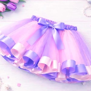 Pink & Purple Tutu skirt with Satin Ribbon, lined Skirt under multi layers of tulle
