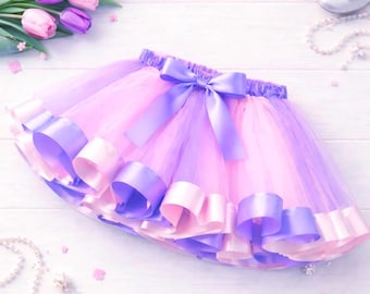 Gonna tutù rosa e viola con nastro di raso, gonna foderata sotto molteplici strati di tulle