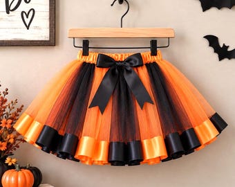 Orange Black Striped Tulle Tutu Skirt, Halloween Costume, Toddler Fall Birthday Outfit