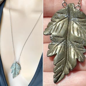 Raw Pyrite Necklace, Pyrite Pendant Necklace, Pyrite Jewelry Silver Crystal Leaf Necklace for Plant Lovers, Gemstone Necklace EXACT STONE