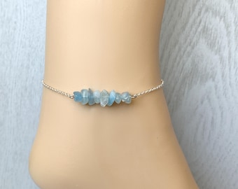 Raw Aquamarine Crystal Anklet: Sterling Silver Gemstone Ankle Bracelet