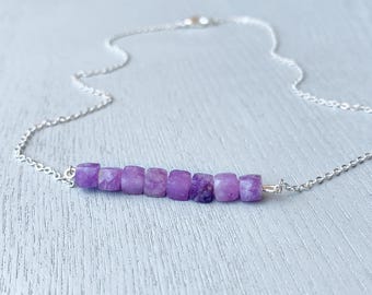 Lepidolith Halskette Sterling Silber, Handgemachte Lepidolith Kristall Choker Perlen Kristall Schmuck Goldkette, Liebesstein Halskette Geschenk für Sie