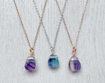 Handmade Fluorite Gemstone Pendant Necklace: Silver or Gold Chain