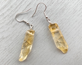 Raw Citrine Crystal Earrings Sterling Silver, Gold Boho Gemstone Jewelry, November Birthstone Dangle Earrings for Women, Men BESTSELLER