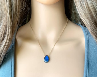Dainty Labradorite Necklace Sterling Silver, Gold, Flash Labradorite Crystal Teardrop Pendant Layering Necklace, Protection Stone Necklace