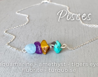 Pisces Crystal Necklace, Handmade Raw Crystal Zodiac Sign Sterling Silver, Astrology Choker, Celestial Gifts, Pisces Sign Necklace Gold Fill