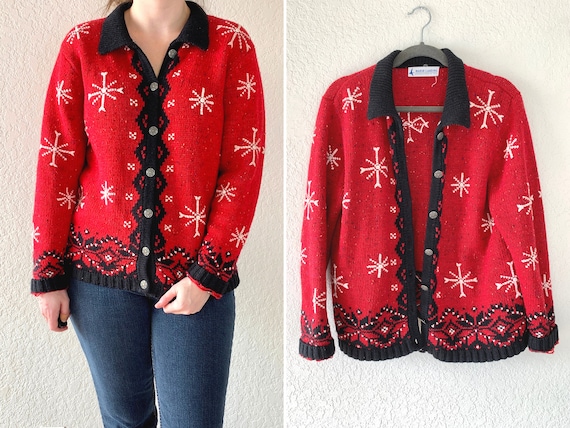 Vintage Ugly Christmas Sweater, Red Cardigan, Chri