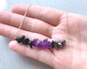 Handgemaakte ketting met kristallen staaf: obsidiaan, amethist, hematiet, sterlingzilver