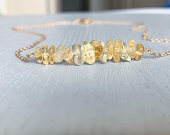 Zierliche Citrin Halskette Brautjungfern Schmuck Set, Gelbe Kristall Perlen Halskette Silber, Boho Brauts Halskette Gold, Halskette Ohrringe Set