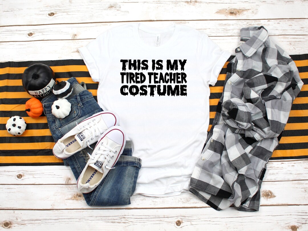 Casual everyday fall teacher Halloween outfit costume featuring a graphic scary  teacher tee, loose str…