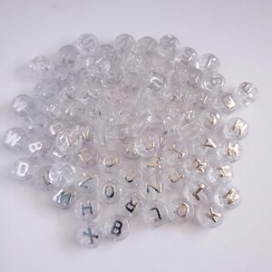 Alphabet bead, Clear with silver glitter , 7mm round letter beads