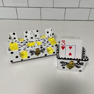 2 piece hand painted revolving canasta tray & card holder ( holds up to 2 1/2 decks