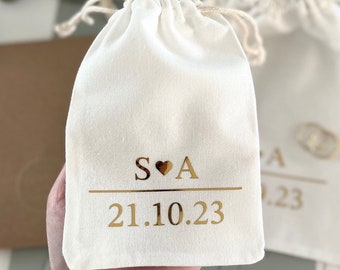 Wedding Ring Bags | Cotton Initial Gift Pouch | Custom Date Ring Bearer Pouch