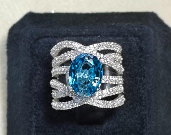 London Blue Topaz Ring : Cubic Zircon Accents, 925 Sterling Silver