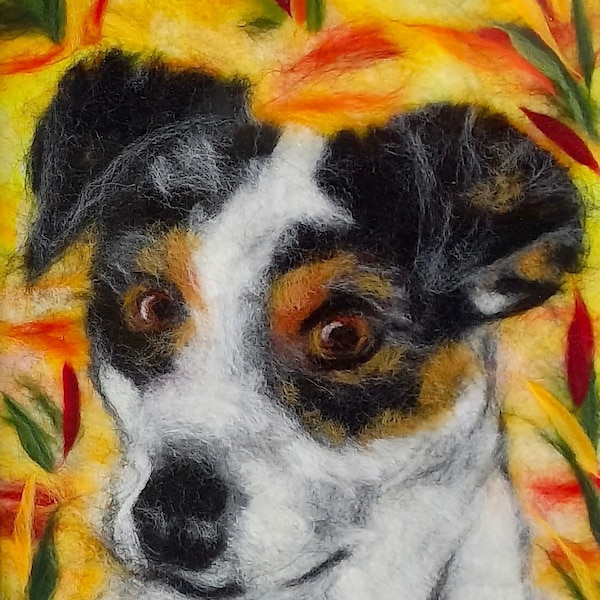 chien, Jack Russell, tableau en laine, fait main, laine feutrée animaux, animal de compagnie, déco murale, artisanat, peinture à l' aiguille