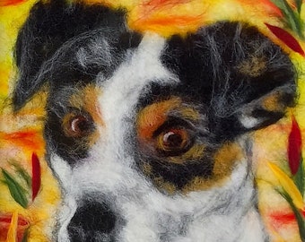 chien, Jack Russell, tableau en laine, fait main, laine feutrée animaux, animal de compagnie, déco murale, artisanat, peinture à l' aiguille