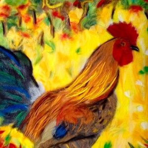 le coq gaulois, animal de basse-cour, peinture de laine, tableau laine, artisanal, laine cardée, laine feutrée, animaux de compagnie, poulet image 1