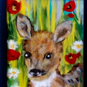 fawn, doe, deer, handmade, wool painting, felting, felted wool animals, crafts, stag, doe, textile painting, gift idea,
