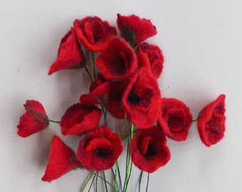 coquelicots, fleur en laine faites à la main, fleurs artificielles, déco maison, décoration florale artisanale rouge, art floral, feutrage