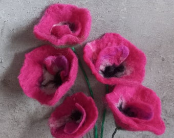 amapola, flores artificiales, hecho a mano, decoración de ramo, creación única, lana cardada, flor rosa, fucsia, flor de lana, fieltro
