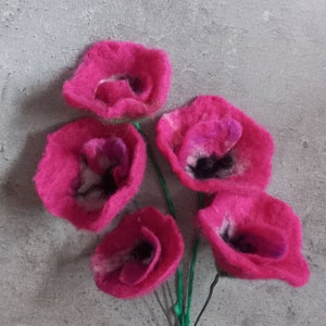 poppy, artificial flowers, handmade, bouquet decoration, unique creation, carded wool, pink flower, fuchsia, wool flower, felt