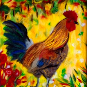 the Gallic rooster, barnyard animal, wool painting, wool painting, artisanal, carded wool, felted wool, pets, chicken image 3