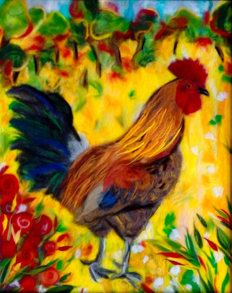 the Gallic rooster, barnyard animal, wool painting, wool painting, artisanal, carded wool, felted wool, pets, chicken image 3
