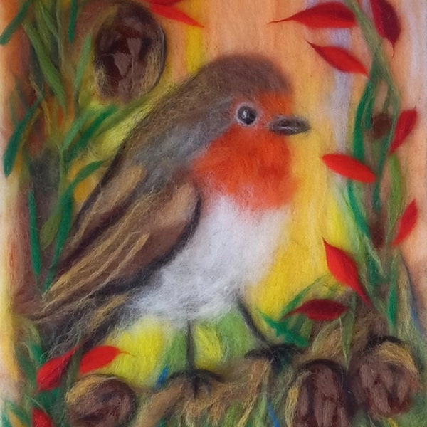 tableau oiseau, rouge-gorge, unique, oiseau fait main, artisanat, laine feutrée, cardée, animaux de compagnie, robin, tableau textile,