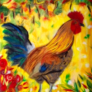 the Gallic rooster, barnyard animal, wool painting, wool painting, artisanal, carded wool, felted wool, pets, chicken image 2