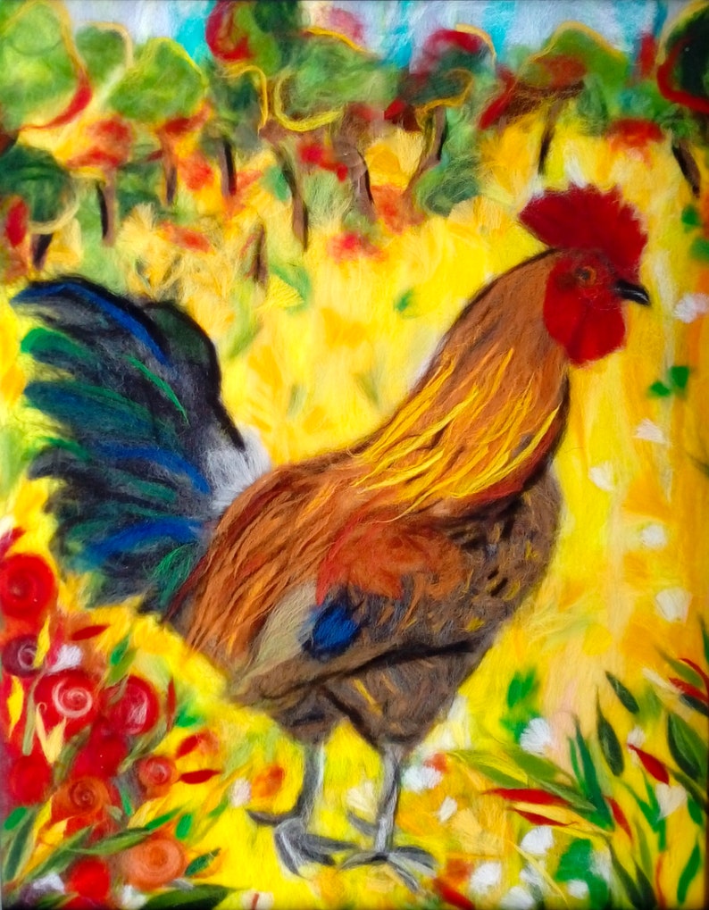 le coq gaulois, animal de basse-cour, peinture de laine, tableau laine, artisanal, laine cardée, laine feutrée, animaux de compagnie, poulet image 2