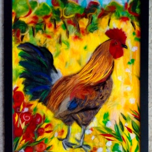 le coq gaulois, animal de basse-cour, peinture de laine, tableau laine, artisanal, laine cardée, laine feutrée, animaux de compagnie, poulet image 4