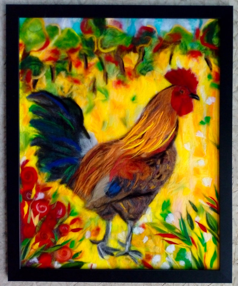 the Gallic rooster, barnyard animal, wool painting, wool painting, artisanal, carded wool, felted wool, pets, chicken image 4
