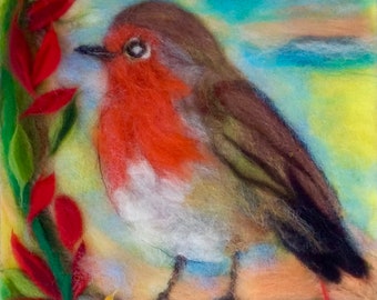 robin, unique, handmade bird, craft, felted wool, carded, pets, robin, textile painting,