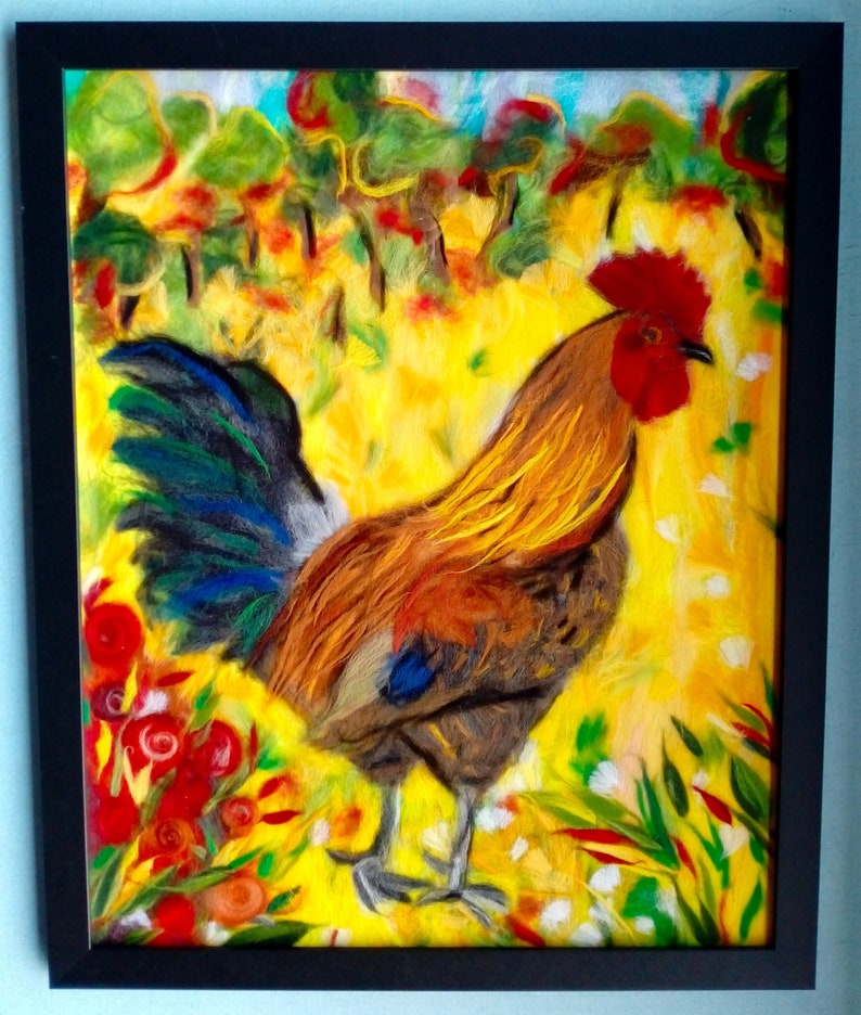 le coq gaulois, animal de basse-cour, peinture de laine, tableau laine, artisanal, laine cardée, laine feutrée, animaux de compagnie, poulet image 1