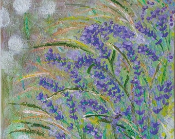 Tableau de Lavande sur Fond d'Herbes Sauvages - Art Botanique abstrait, fleur bleu, violette, peinture acrylique, fait main