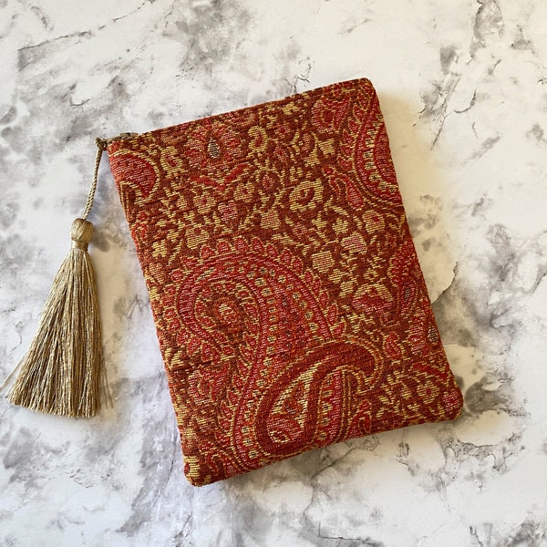 Coral Orange and Gold Paisley Floral Tarot Oracle Deck Bag, Tapestry Bag with Silk Lining 5x7 Handcrafted in the USA Gift Idea