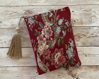 Tarot Bag, Tarot Pouch, Burgundy Floral Victorian Tarot Deck Bag with Gold Silk Lining, 5x7 Handcrafted in the USA for Oracle Cards