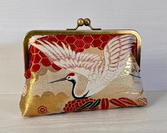 Crane Clutch, Vintage Embroidered Silk Brocade Gold Orange Bag, Wedding Bridesmaid Bridal Mother Clutch Something Old Gift