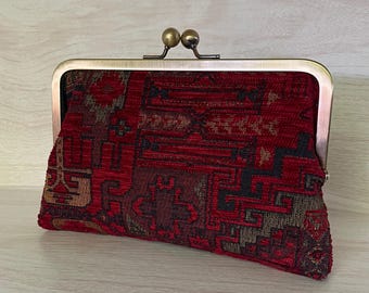 Deep Red Boho Clutch, Red and Black Clutch Bag, Red Bohemian Kilim Moroccan Wedding Bridesmaid Bridal Mother Clutch Gift Idea