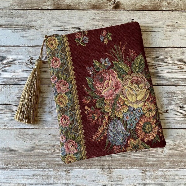 Deep Red and Floral Tapestry Victorian Tarot Oracle Deck Bag, Tapestry Bag with Silk Lining 5x7 Handcrafted in the USA