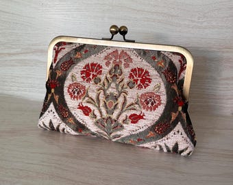 Victorian Floral Clutch, Red Gold Bag, Boho Wedding Bridesmaid Bridal Mother Clutch Gift Idea