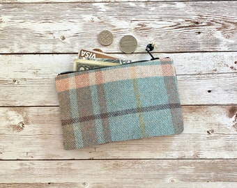 Teal and Tan Plaid Coin Purse, Small Zip Pouch Small Wallet Birthday Holiday Valentine Gift