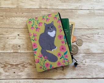 Gray Fluffy Cat Coin Purse, Grey Cat Wallet Zip Pouch, Pink Flowers Green Cat Portrait Green Eyes, Free Sticker Gift Idea Cat Lovers