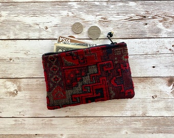 Deep Red Black Gold Boho Coin Purse, Small Zip Pouch, Small Wallet, Moroccan Southwest Bohemian Wallet Birthday Gift Idea
