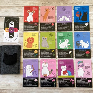 BLOOMING CAT ZODIAC Cards, 12 Cute Astrological Signs Flash Cards, Use in Tarot Readings, Astrology Gift for Cat Lovers