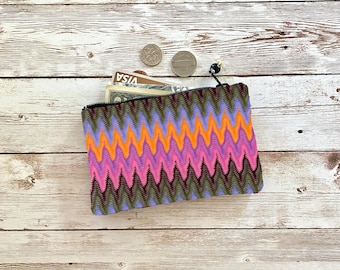 Colorful Zigzag Pink Purple Orange Coin Purse, Small Chevron Zip Pouch, Small Wallet, Fun Gift Colorful Wallet